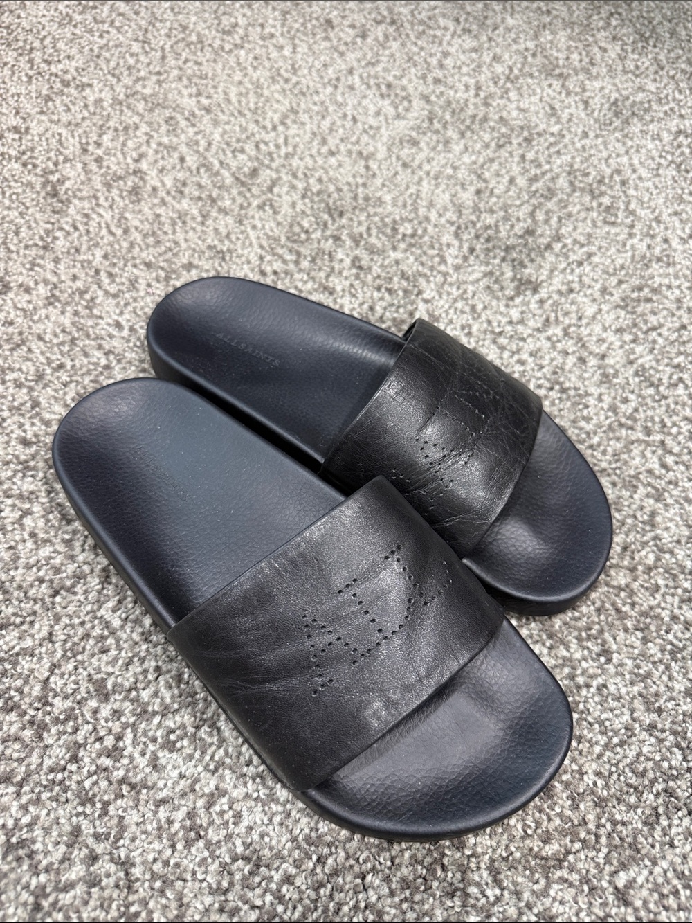 All Saints Black Perforated Logo Leather Slide Sandals - Picture 2 of 7